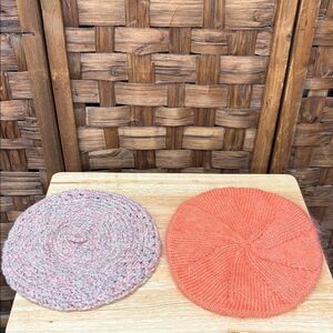 Vintage Set of Two Knit Berets in Pink and Orange